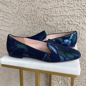 J. CREW NEW Metallic Blue & Green Leaf Loafers Jacquard Smoking Slippers Flats